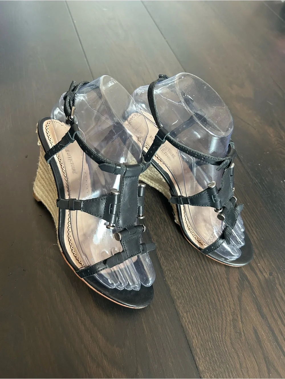 Pour La Victoire Betsy Black Leather Espadrille Wedge Sandals Size 6